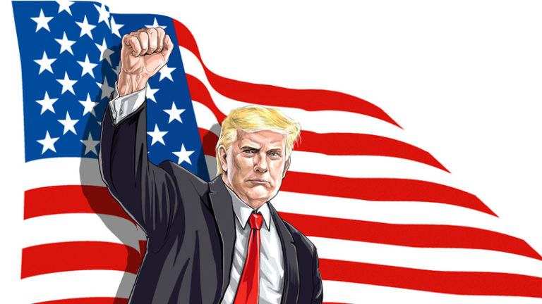 رئیس جمهور دونالد ترامپ و پرچم ایالات متحده آمریکا