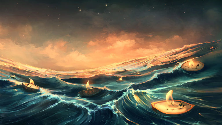 آدم یا انسان ها با قایق هایی با نور و آگاهی از جنس شمع در دریای مواج