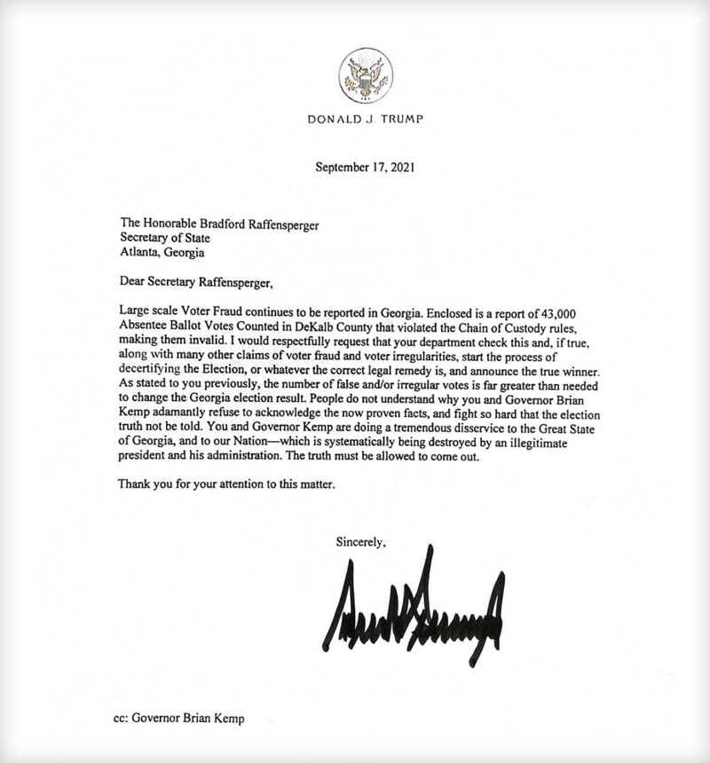 نامه پرزیدنت دونالد ترامپ به وزیر امور خارجه ایالت جورجیا - 17 سپتامبر 2021