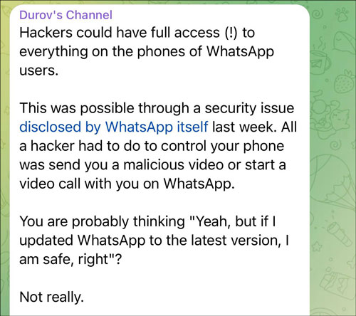 پیام کانال تلگرام دوروف در مورد خطر واتس اپ - اکتبر 2022
